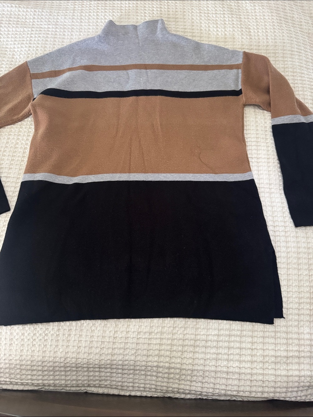 Striped Colorblock Tunic Sweater - Black, Brown & Gray